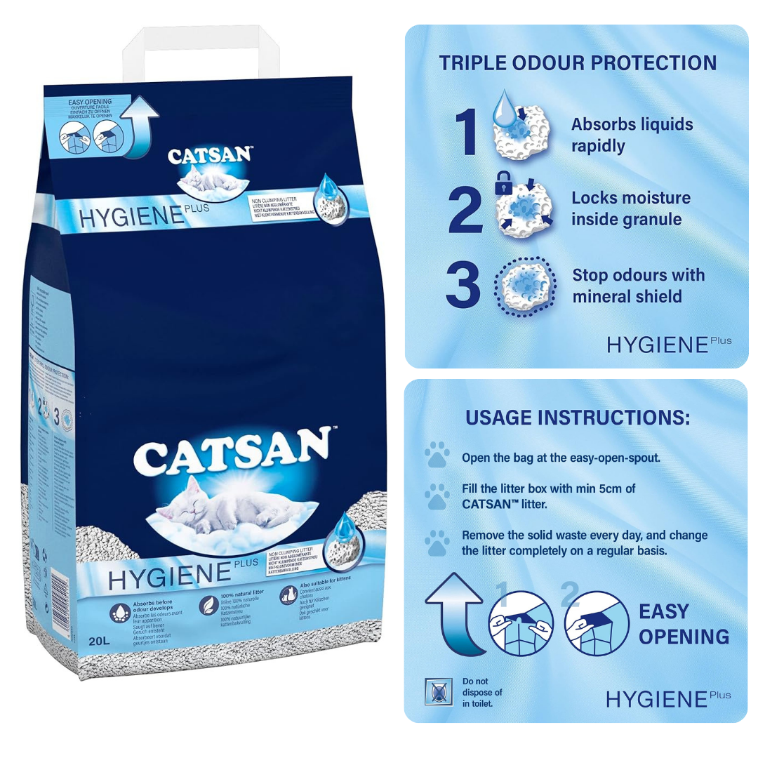 CATSAN Hygiene Plus Non-Clumping Cat Litter – 20L Natural, Ultra-Absorbent & Odor Control for Adult Cats & Kittens
