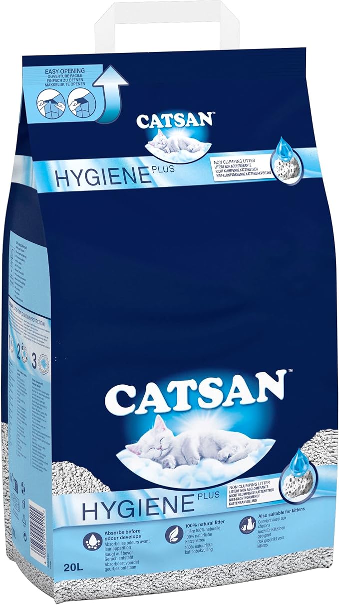 CATSAN Hygiene Plus Non-Clumping Cat Litter – 20L Natural, Ultra-Absorbent & Odor Control for Adult Cats & Kittens