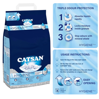 CATSAN Hygiene Plus Non-Clumping Cat Litter – 20L Natural, Ultra-Absorbent & Odor Control for Adult Cats & Kittens