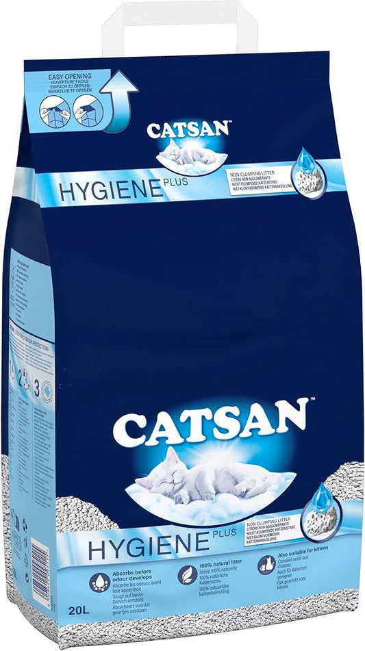 CATSAN Hygiene Plus Non-Clumping Cat Litter – 20L Natural, Ultra-Absorbent & Odor Control for Adult Cats & Kittens