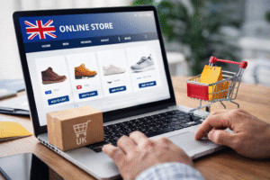 Ecommerce business UK concept showing an online store on a laptop with shopping cart and UK branding