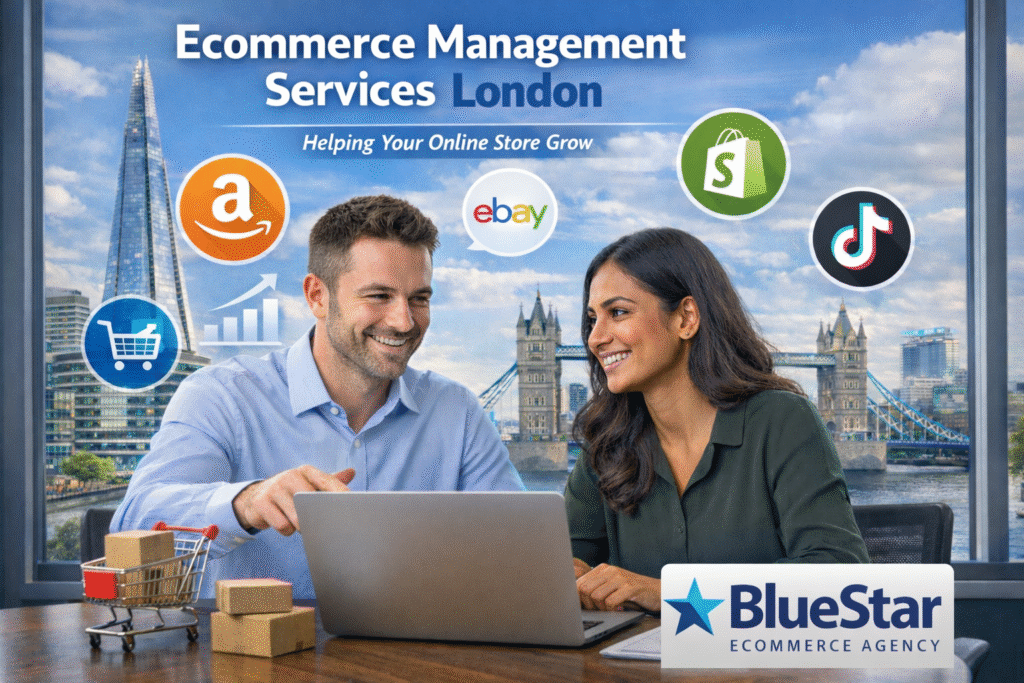 Ecommerce management services in london Showing Amazon, eBay, Shopify, and Tiktok store management experts helping online businesses grow