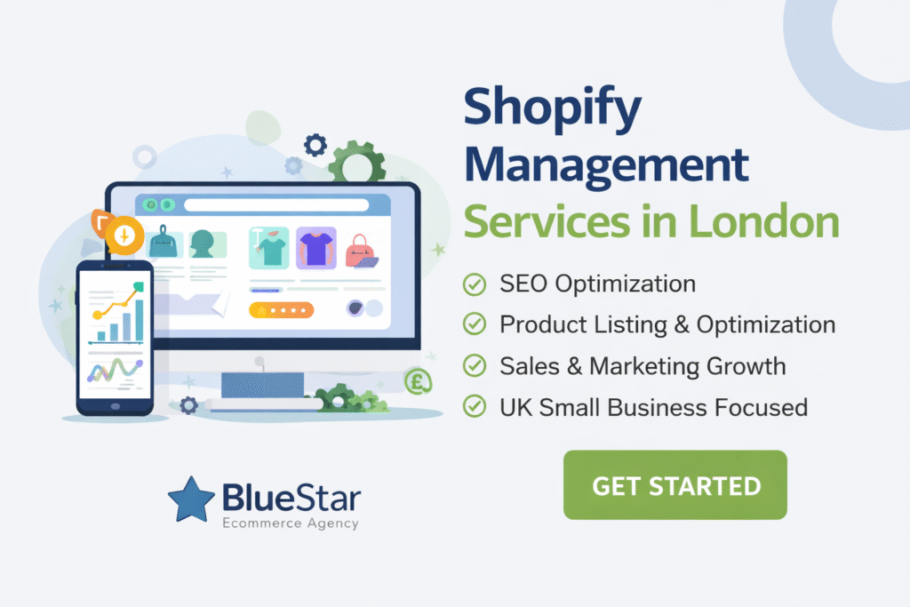Shopify management services in London by BlueStar agency with ecommerce store design, SEO optimization and sales growth visuals