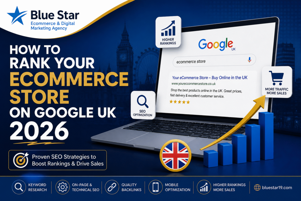 WooCommerce SEO UK 2026 guide showing how to rank your ecommerce store on Google UK with keywords research, on-page SEO, backlinks, and mobile optimisation by BlueStar Ecommerce Agency