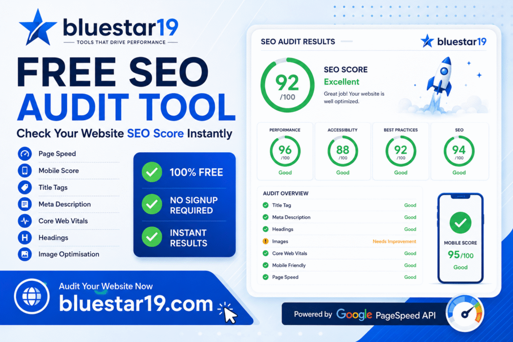 Free SEO Audit Tool dashboard banner by bluestar19 showing instant website seo analysis including SEO score, page speed Mobile score, Title Tags Meta Description